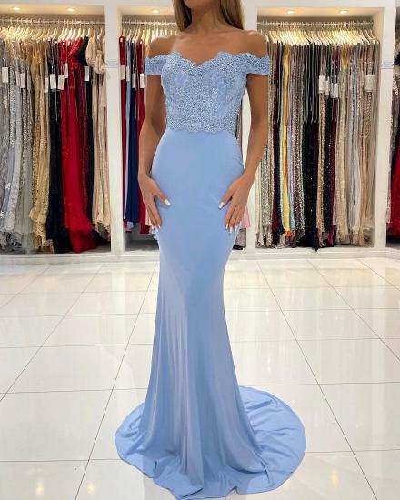 Blue Mermaid Lace Off Shoulder Long Evening Gown | Lace Back to School Dress_5