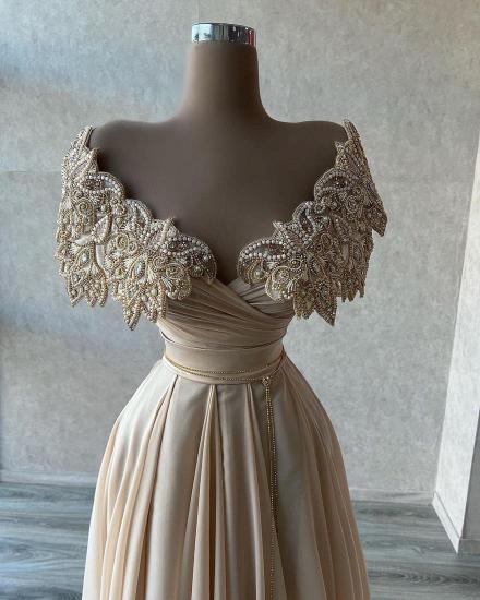 Elegant Cap-Sleeve A-Line Evening Gown | Neck Applique Ball Gown_2