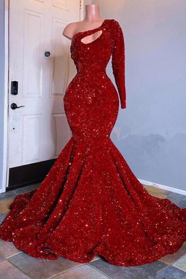 Shiny One Shoulder Long Sleeve Mermaid Ball Gown_2