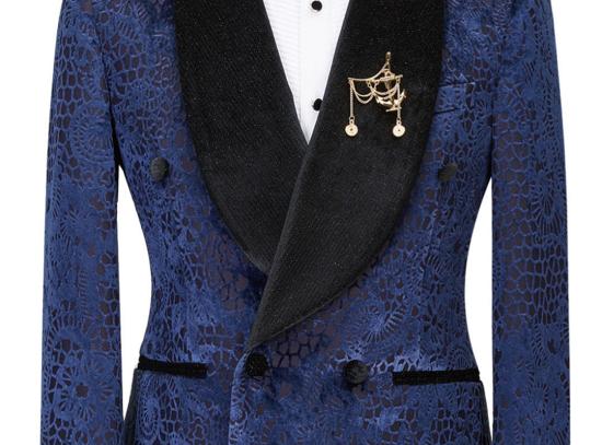 Chic Jacquard Double Breasted Men's Wedding Suit | Blue and Black Contrasting Men's Suit with Velvet Lapel Collar