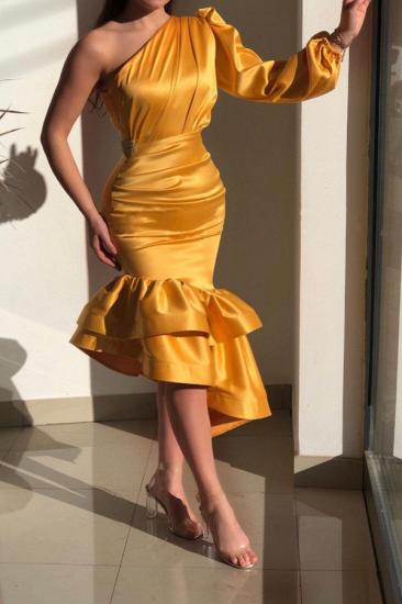 Yellow Gorgeous Tea-Length One-Shoulder Ruffled Evening Dress | Cropped Prom Dress_2