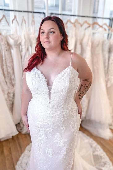 Stunning Lace Spaghetti Strap V Neck Mermaid Backless Long Length Wedding Dress
