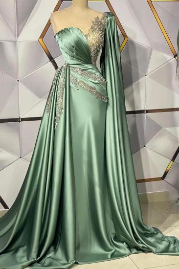Designer sage green one shoulder long ball gown with trim