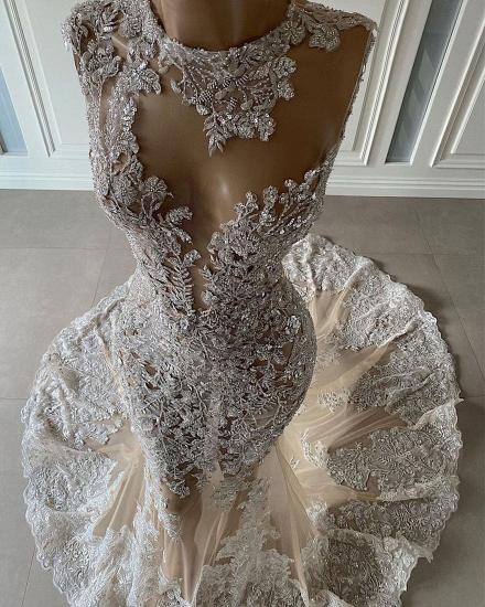 High Neck Long Sleeve Beaded Lace Floral Floor-length Wedding Dress_2