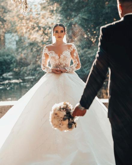 Luxury Bridal A-Line Long Sleeve Lace Princess Wedding Dress_4