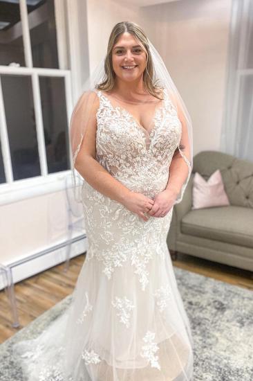 V Neck Spaghetti Strap Appliquéd Lace Backless Mermaid Wedding Dress in Tulle