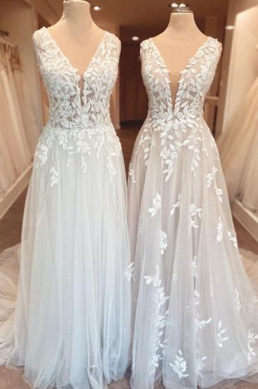 Lace V-neck wedding dress with wide shoulder straps | simple tulle wedding dress_2