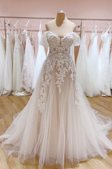 Gorgeous card shoulder tulle wedding dress | A-line lace wedding dress