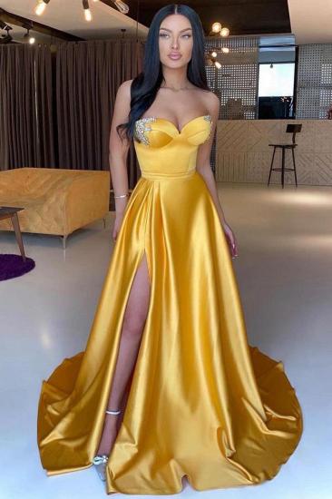 A Simple Strapless Long Gold Prom Dress With A Heart Collar