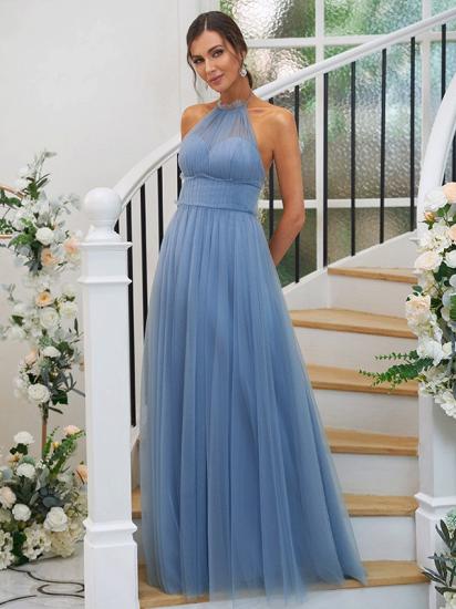 Designer Long Halter Sleeveless Evening Dresses Blue | Tulle Prom Dresses Cheap_4