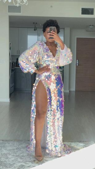 Sexy Sparkling Sequins Side Split Ball Gown | Long Sleeve Evening Dress