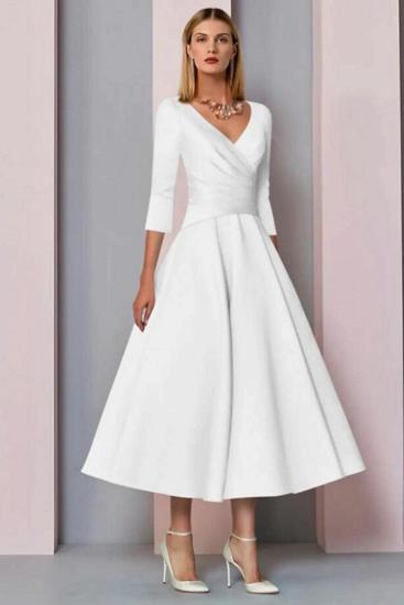 Simple V-neck Long Sleeve Tea Long Style Wedding Dress_2