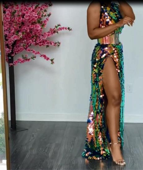 Shiny Sleeveless V-neck Side Slit Formal Party Dress_8