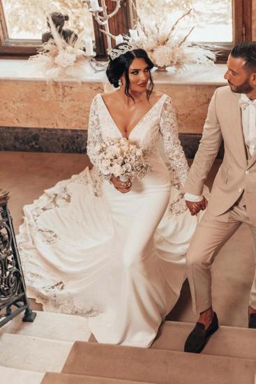 Gorgeous V-Neck Lace Sleeve Wedding Dress | Mermaid Wedding Dress_8