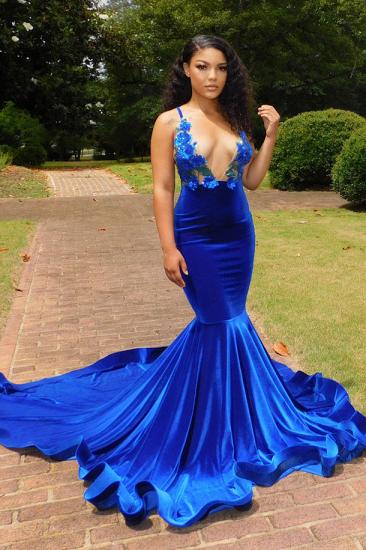Sexy Blue V-Neck Spaghetti Strap Ball Gown with Flowers | Mermaid Ball Dress