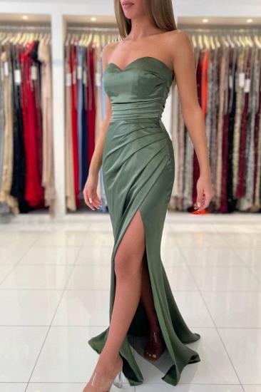 Green Satin Sweetheart Sleeveless Side Slit Prom Dresses | Simple Prom Dress