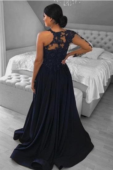 Navy Side Slit Long Sleeve Illusion Ball Gown | Long Lace Ball Gown_2
