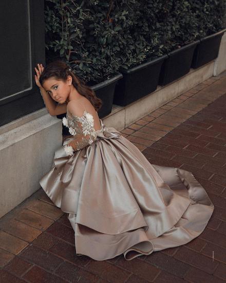 Silver Satin Cloth Transparent Back Lace Decal Bow Girl Dress_5