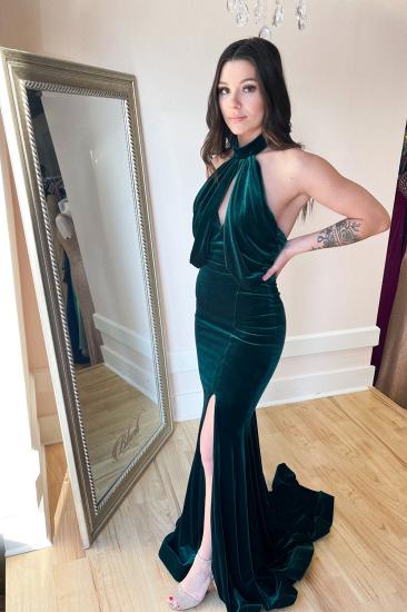 Glamorous Velvet Side Slit Halter Neck Backless Mermaid Ball Gown