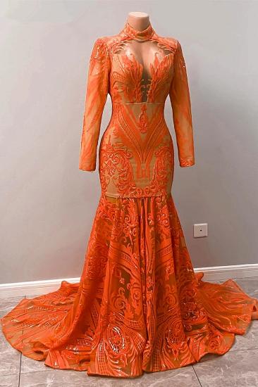 Stunning Orange Turtleneck Long Sleeve Mermaid Ball Gown | Long Sleeve Floor Sweeping Evening Gown_4