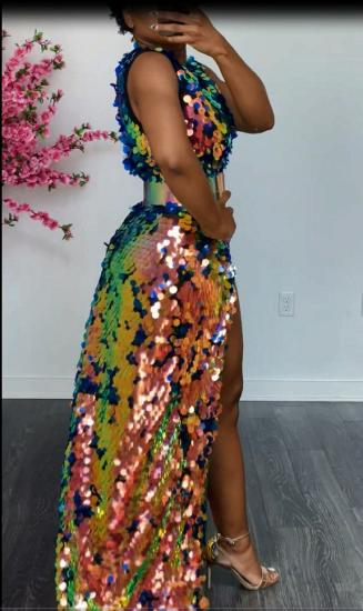 Shiny Sleeveless V-neck Side Slit Formal Party Dress_3