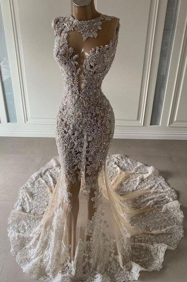High Neck Long Sleeve Beaded Lace Floral Floor-length Wedding Dress