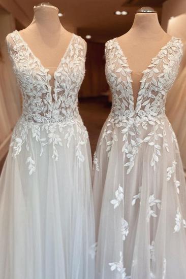 Lace V-neck wedding dress with wide shoulder straps | simple tulle wedding dress_4