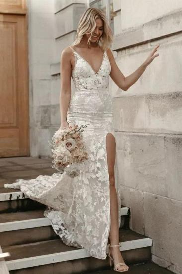 Chic Lace Mermaid Sleeveless V-neck Side Slit Wedding Dress