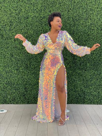 Sexy Sparkling Sequins Side Split Ball Gown | Long Sleeve Evening Dress_8