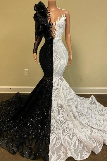 Chic two-tone V-neck one-shoulder long-sleeved mermaid ball gown