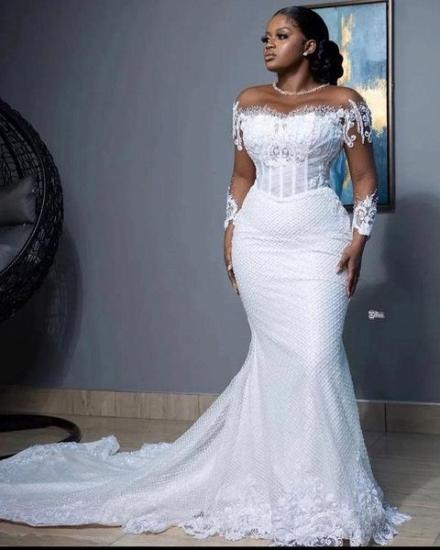 Long Sleeve Pearl Lace Mermaid Wedding Dress With Train