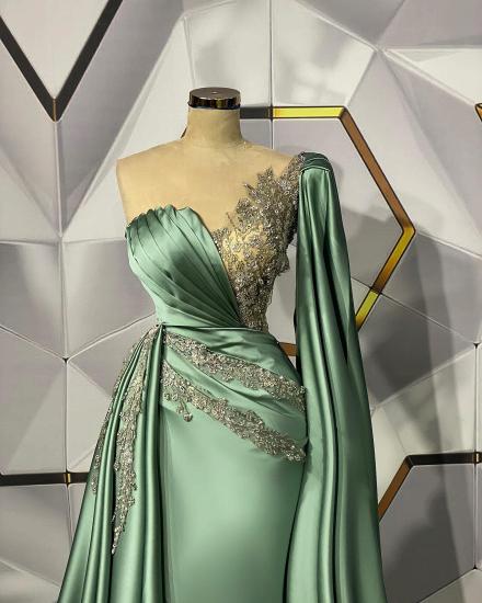 Designer sage green one shoulder long ball gown with trim_2