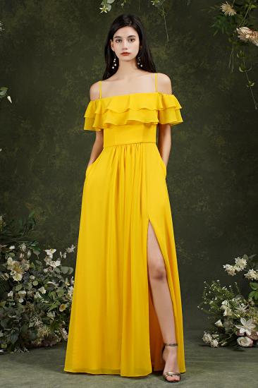 Bridesmaid Dress Yellow Off-shoulder Flanged One Line Shoulder Slit Dress