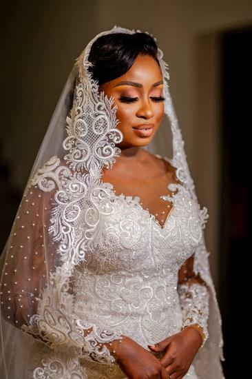 Gorgeous Long Sleeve Pearl Lace Applique Mermaid Wedding Dress_4