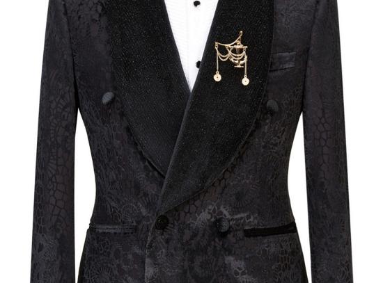 Chic Jacquard Double Breasted Black Men's Wedding Suit | Velvet Lapel Jacquard Men's Suit