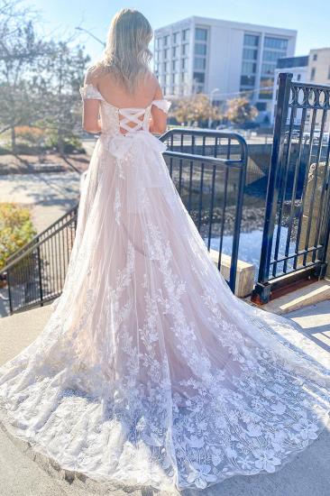 A-Line Lace Backless Off-Shoulders Sweetheart Tulle Wedding Dress_2