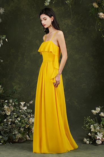 Bridesmaid Dress With Line Neck Chiffon Yellow With Pocket Ruffles_3