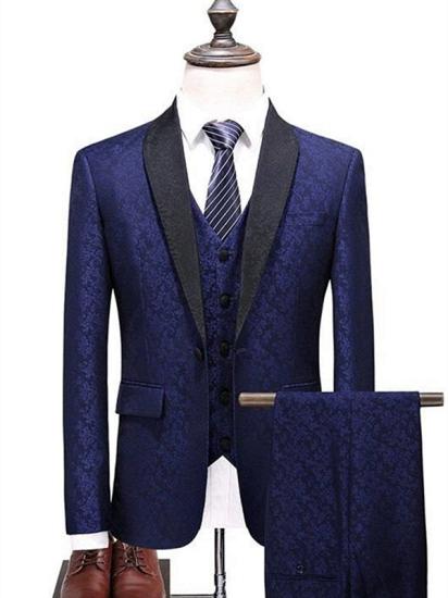 Navy Shawl Lapel Jacquard Prom Suit | Business Tuxedo Three-Piece Set