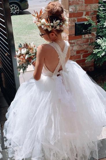 White Cross Bind Lace Layered Tulle Girl Long Sleeveless Gown | Floor Children's Wedding Dress