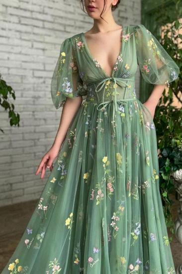 Ankle-Length V-Neck Long Sleeves A-line Evening Dresses_3