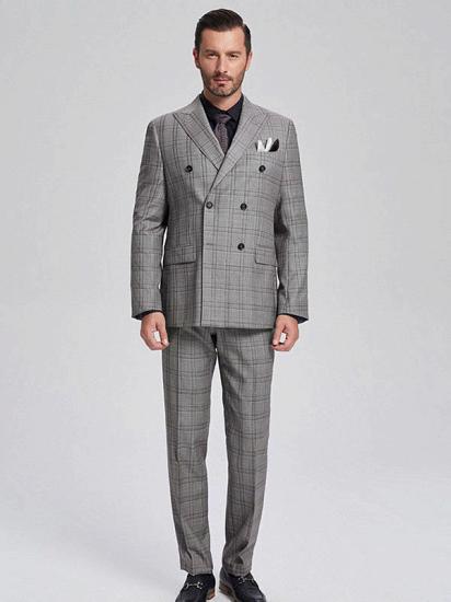 Vintage Spike Collar Double Breasted Double Slit Men's Suit | Checked Gray Business Men's Suit