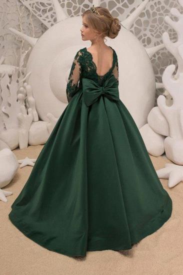 Dark Green Satin Gem Lace Backless Girl Dress With Bow_2