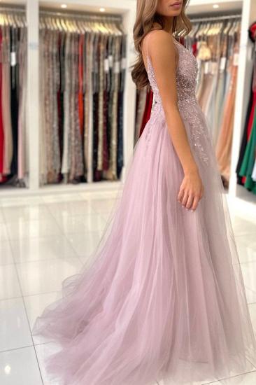 Pink Spaghetti Strap V-neck Tulle Long Slit Evening Dress With Beading_6