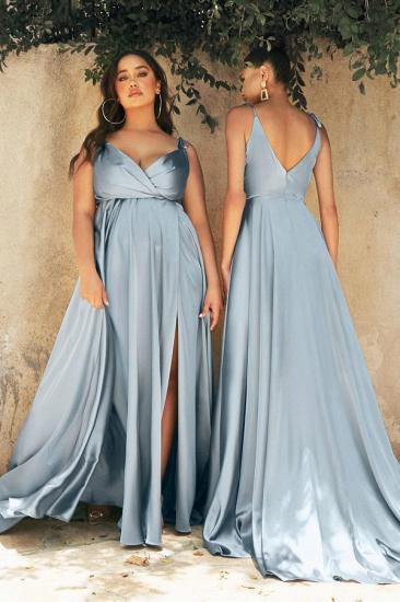 Dark Green V Neck Spaghetti Strap Side Slit Long Evening Gown | Simple Ball Gown with Ruffles_2