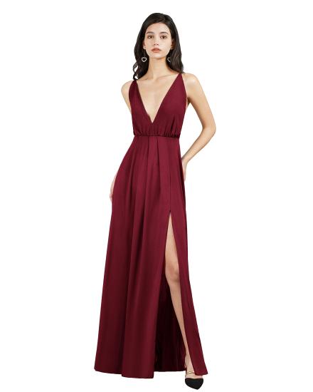 Chiffon Dark Green V-Neck Side Slit Floor Length Prom Dress | Cheap Evening Dresses_1