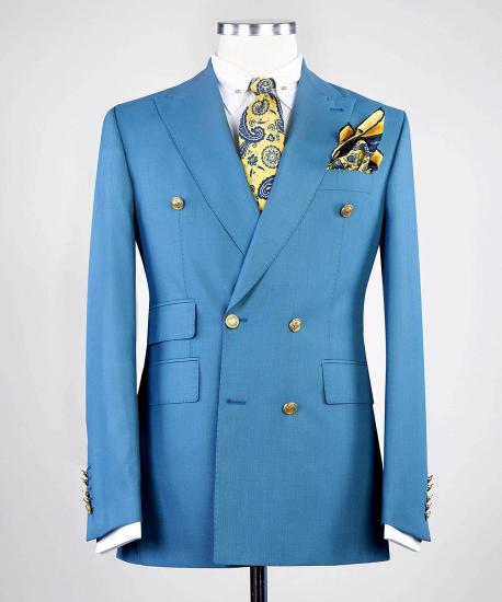 Elegant Shape Blue Double Breasted Peaked Lapel Business Men Suits_3