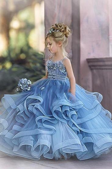 Strapless Gray-blue Frilly Fluffy Princess Flower Girl Dress_4