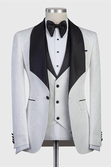 White Jacquard Three Piece Suit | High Quality Black Shawl Lapel Wedding Groom Set