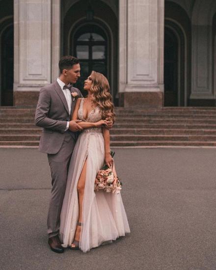 Bohemian Side Slit Long V Neck Tulle Wedding Dress | High Waist Lace Wedding Dress_6