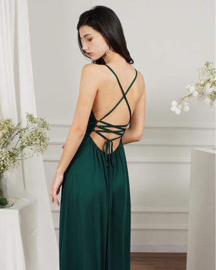 Chiffon Dark Green V-Neck Side Slit Floor Length Prom Dress | Cheap Evening Dresses_8